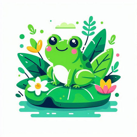 Cute frog sitting on a lotus leaf. Vector illustration.のイラスト素材