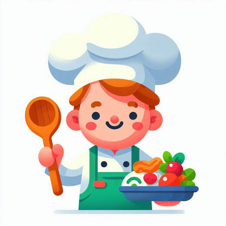 Cute little boy chef with a plate of vegetables and a ladle. Vector illustrationのイラスト素材
