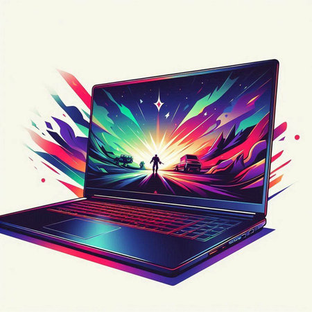 illustration of a laptop with a silhouette of a man on the backgroundのイラスト素材