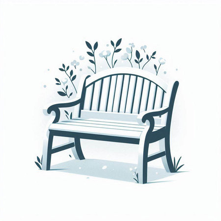 Vector illustration of a bench in the park with flowers and leaves.のイラスト素材