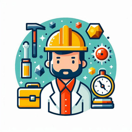 Engineer with tools. Vector illustration in flat style. Isolated on white background.のイラスト素材
