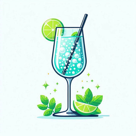 Cocktail with lime, mint and ice. Vector illustration.のイラスト素材