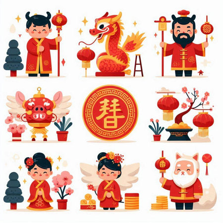 Chinese New Year cartoon characters set with traditional symbols and elements isolated vector illustrationのイラスト素材
