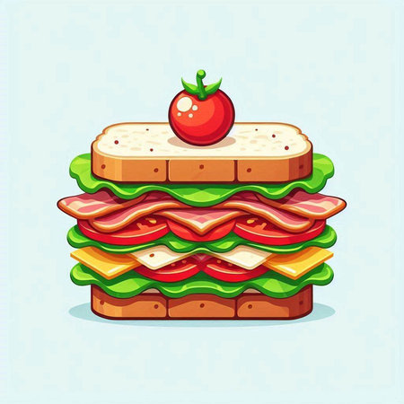 Sandwich with ham, cheese, tomato and lettuce. Vector illustration.のイラスト素材