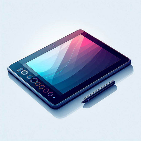 Tablet computer with stylus pen on blue background. Vector illustration.のイラスト素材
