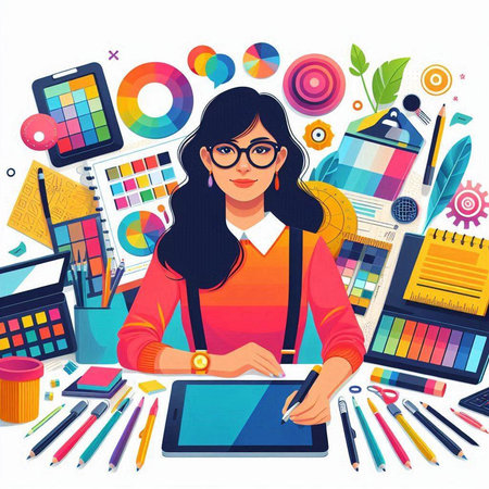 Vector illustration of a young woman working at her desk with a tablet.のイラスト素材