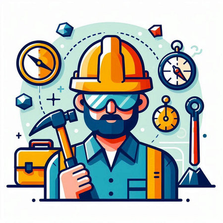 Vector illustration of construction worker with tools in flat style on white background.のイラスト素材