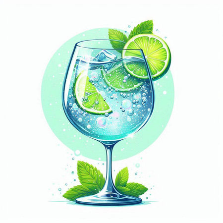Cocktail with lime, mint and ice. Vector illustration.のイラスト素材