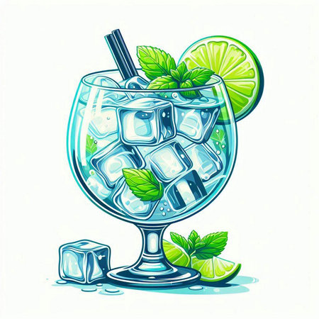Cocktail with lime, ice and mint. Vector illustration.のイラスト素材