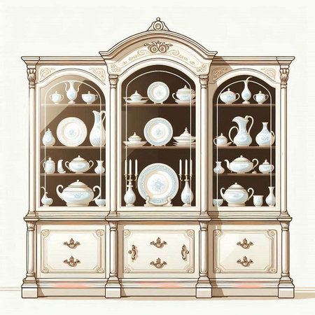 Vintage cupboard with porcelain dishes. Vector illustration.のイラスト素材