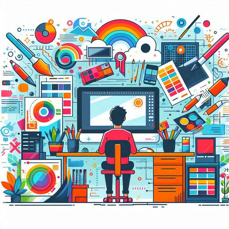 Vector illustration of graphic designer workplace with computer, graphic tablet, graphics tablet and other elements.のイラスト素材