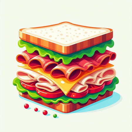Sandwich with ham, cheese, tomato, lettuce, cucumber, lettuce, tomato and cheese. Vector illustration.のイラスト素材