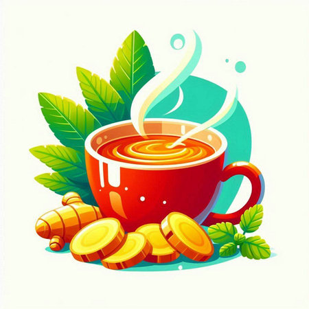 Cup of tea with turmeric and mint leaves. Vector illustration.のイラスト素材