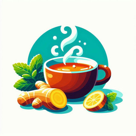 Cup of tea with ginger, lemon and mint. Vector illustration.のイラスト素材