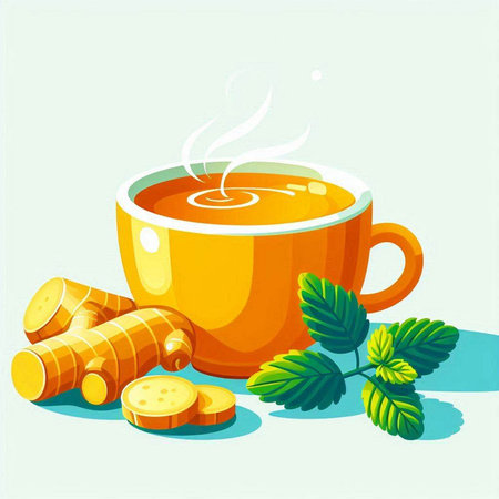 Cup of hot tea with ginger and mint. Vector illustration.のイラスト素材