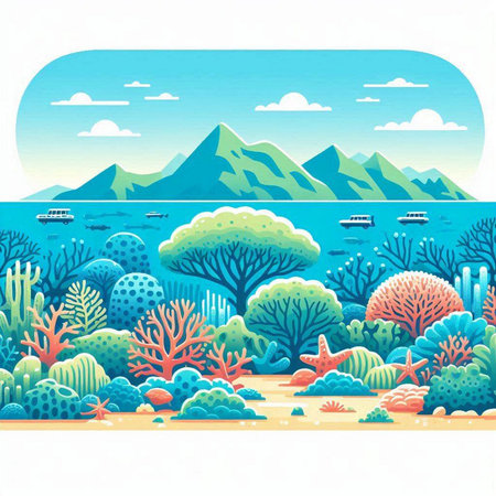 Sea landscape with coral reef, starfish, fish and ocean. Vector illustration.のイラスト素材