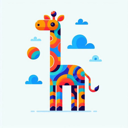 Giraffe in the clouds. Colorful flat vector illustration.のイラスト素材