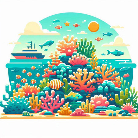 Coral reef with fishes and cruise ship on the horizon. Vector illustration.のイラスト素材