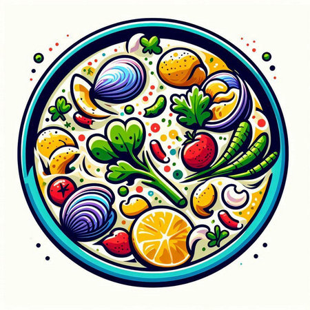 Vector illustration of a plate with vegetables, fruits and other food.のイラスト素材