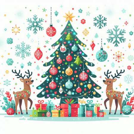 Christmas tree with reindeer and gift boxes. Vector illustration.のイラスト素材