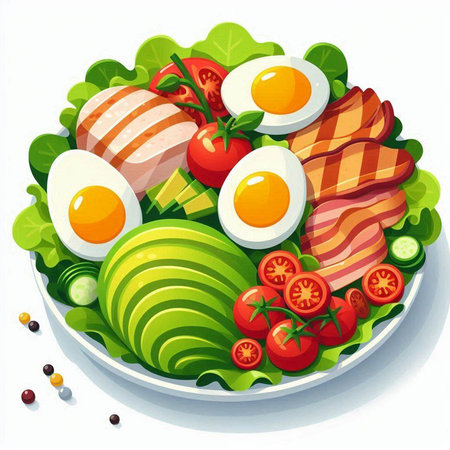 Salad with fried eggs, tomatoes, avocado and ham. Vector illustration.のイラスト素材