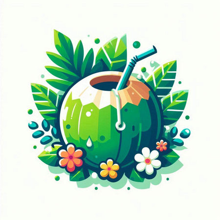 Coconut drink with tropical leaves and flowers. Vector illustration.のイラスト素材