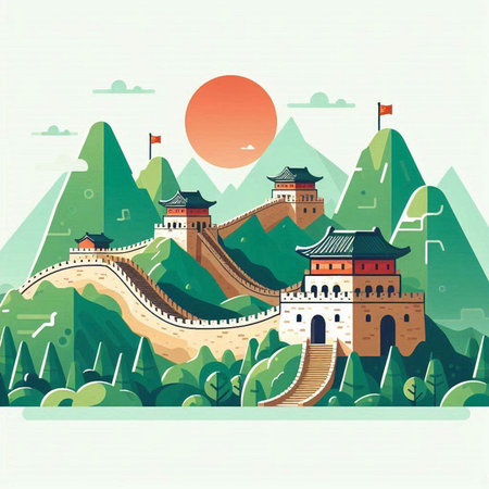 Landscape of Great Wall of China, Asia. Vector illustration.のイラスト素材