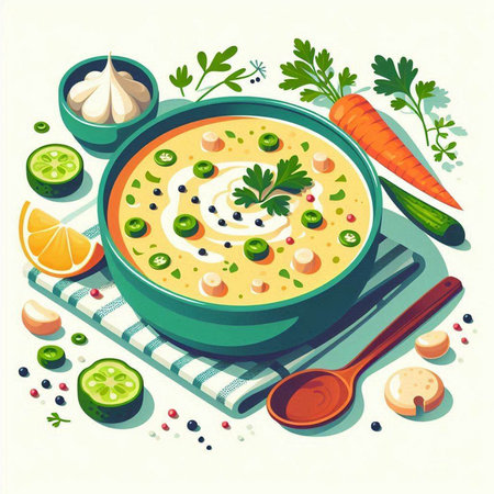Creamy soup with vegetables and greens in a bowl. Vector illustration.のイラスト素材