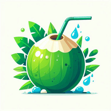 Coconut water drink with straw and leaves. Vector illustration.のイラスト素材