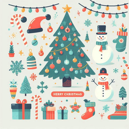 Set of Christmas and New Year elements. Vector illustration in flat style.のイラスト素材