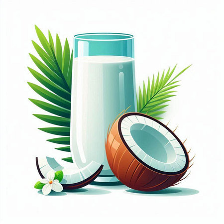 Coconut milk in a glass on a white background. Vector illustration.のイラスト素材