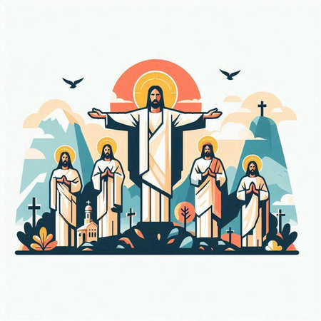 Jesus Christ on the cross in the meadow. Vector illustration.のイラスト素材