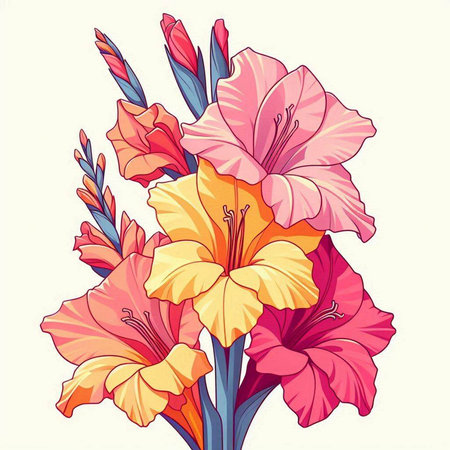 Bouquet of gladiolus flowers. Hand drawn vector illustration.のイラスト素材