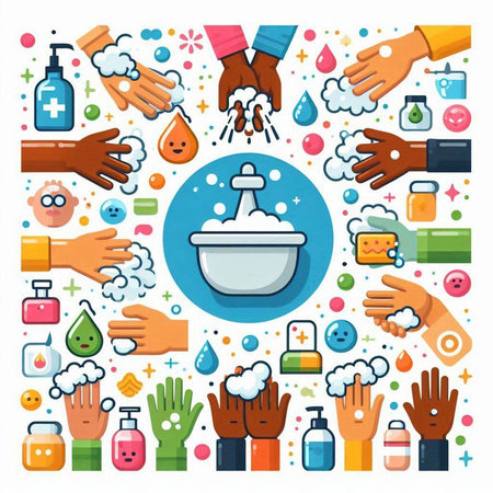 Coronavirus prevention and hygiene flat icons set. Vector illustrationのイラスト素材