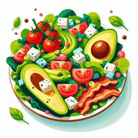 Vegetarian salad with avocado, tomato, cheese, bacon, cucumber and lettuce. Vector illustration.のイラスト素材