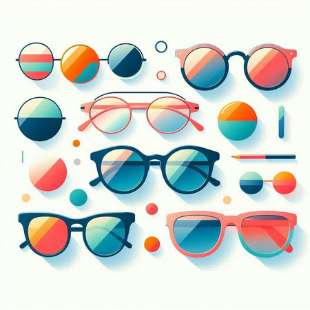 Retro sunglasses set with shadow and colorful circles. Vector illustration.のイラスト素材