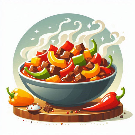 Illustration of a bowl of chinese beef stew with chilli peppersのイラスト素材