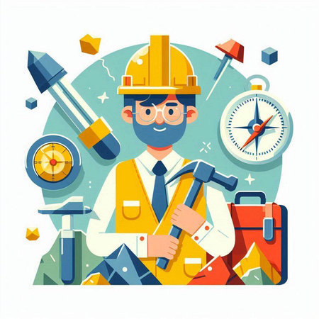Engineer with tools. Vector illustration in flat cartoon style on white background.のイラスト素材