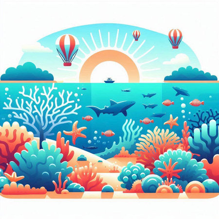 Underwater landscape with corals, air balloons and sun. Vector illustration.のイラスト素材