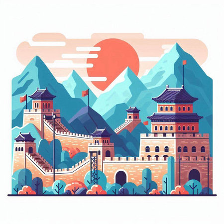 Ancient castle in the mountains. Colorful vector illustration in flat styleのイラスト素材