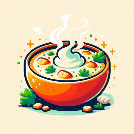 Bowl of soup with meat and vegetables. Vector illustration in cartoon style.のイラスト素材