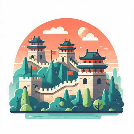 Ancient Chinese fortress in the forest. Vector illustration. Flat style.のイラスト素材