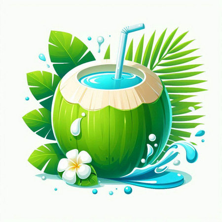 Coconut cocktail with splashes and tropical leaves on white backgroundのイラスト素材