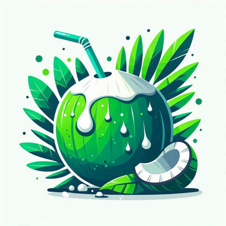 Coconut drink with green leaves. Vector illustration in flat styleのイラスト素材