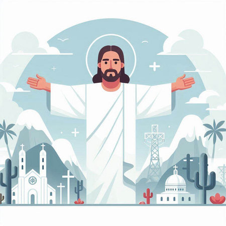 Jesus Christ in the desert. Vector illustration in flat cartoon style.のイラスト素材