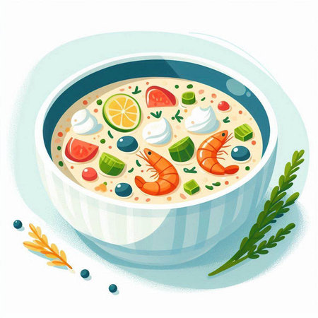 Illustration of a bowl of soup with shrimps, tomatoes, olives and creamのイラスト素材