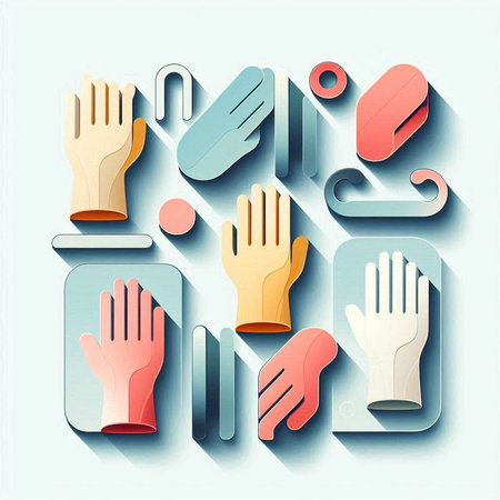 Vector illustration of a set of hands in different colors on a blue backgroundのイラスト素材