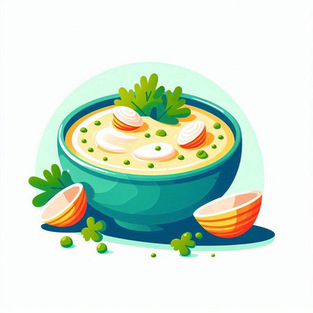Creamy soup with sour cream and vegetables in a bowl.のイラスト素材