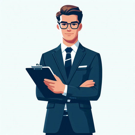 Businessman in suit and glasses with clipboard. Vector illustration in cartoon style.のイラスト素材