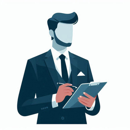Businessman in a suit with a tablet in his hands. Vector illustration.のイラスト素材